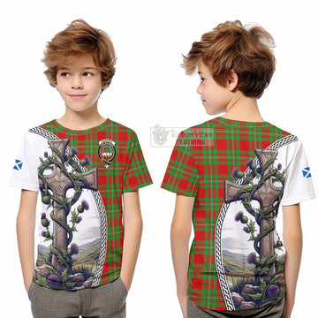 Grierson Tartan Kid T-Shirt with Family Crest and St. Andrew's Cross Accented by Thistle Vines Youth XL Size14 - Tartan Vibes Clothing
