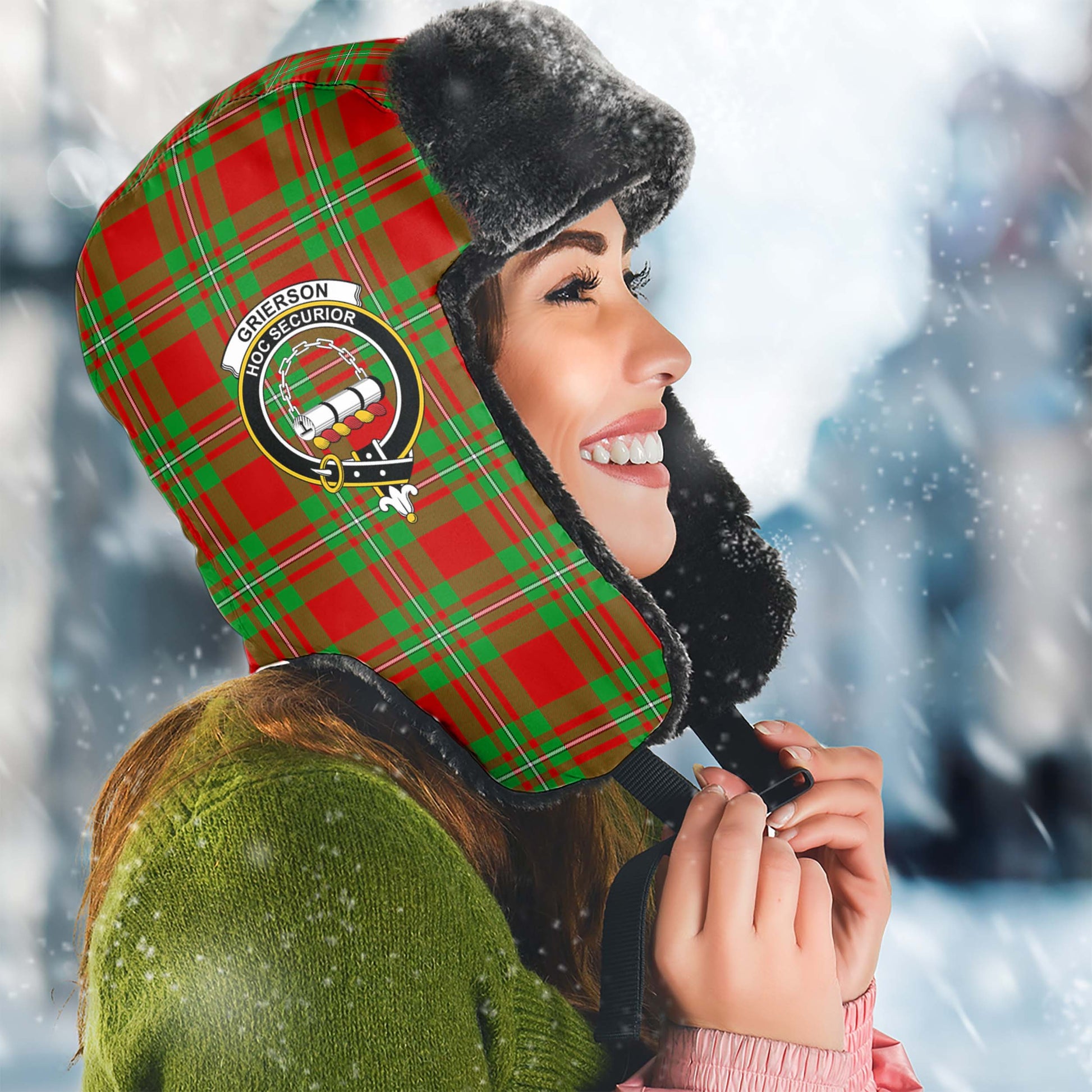 Grierson Tartan Winter Trapper Hat with Family Crest Winter Trapper Hat Universal Fit Circumference 22.8in (58cm) - Tartan Vibes Clothing