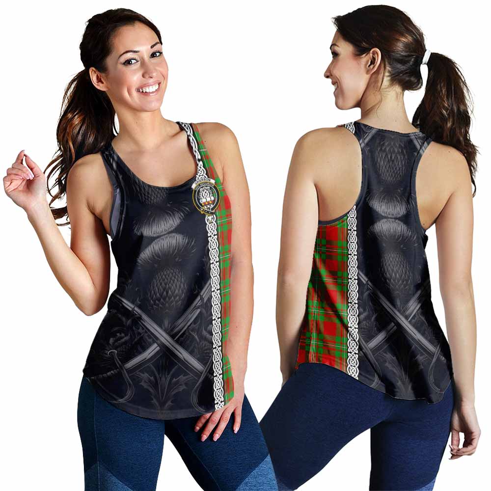 Grierson Tartan Women's Racerback Tanks with Family Crest Cross Sword Thistle Celtic Vibes 4XL - Tartan Vibes Clothing