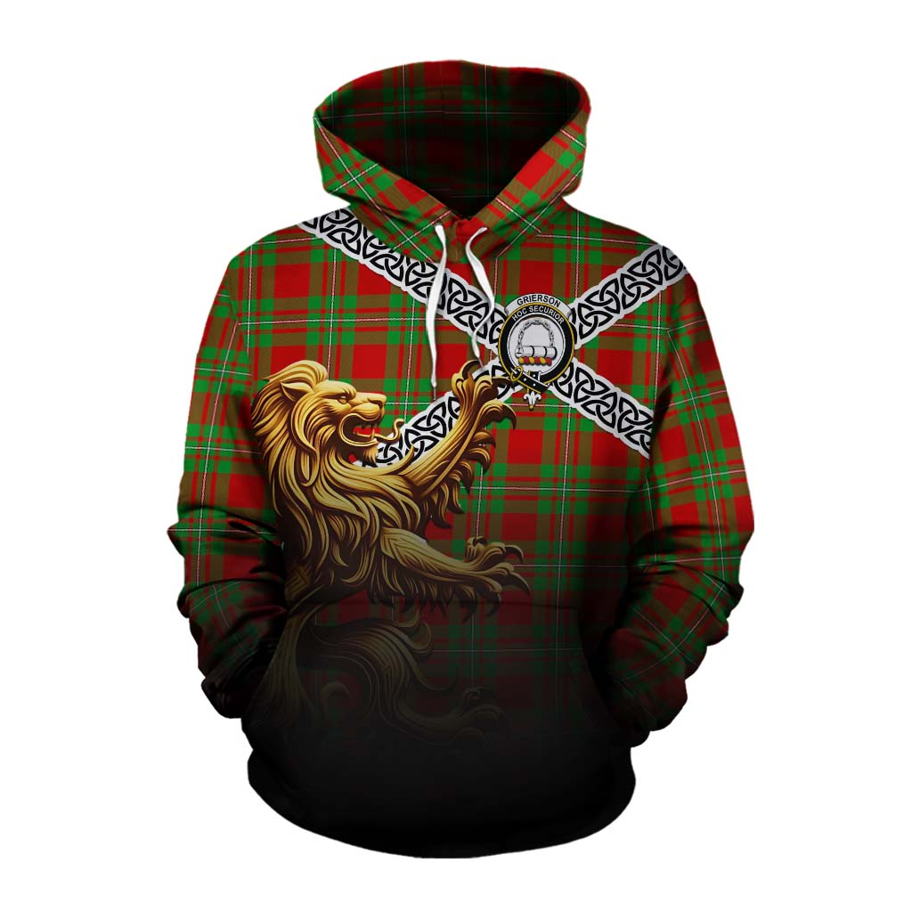 Grierson Crest Tartan Cotton Hoodie with Golden Lion Emblem Celtic Style Pullover Hoodie XS - Tartan Vibes Clothing