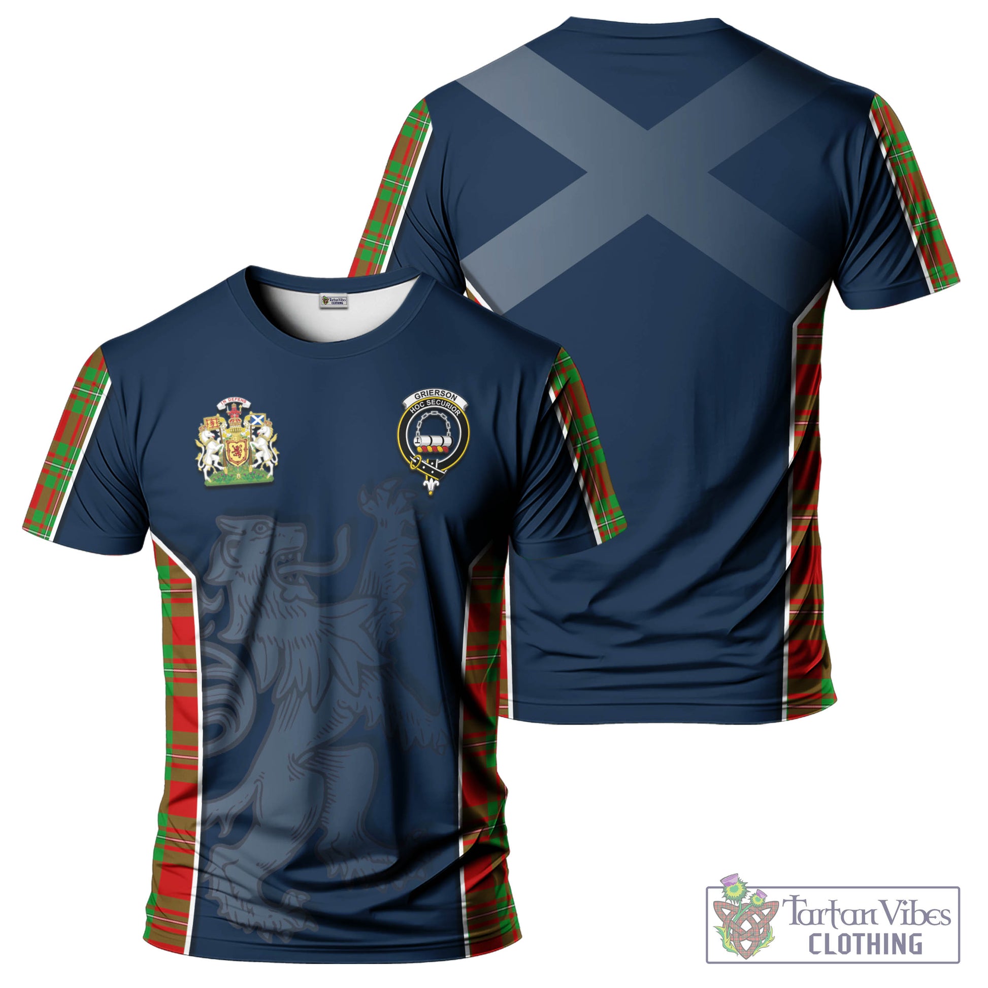 Tartan Vibes Clothing Grierson Tartan T-Shirt with Family Crest and Lion Rampant Vibes Sport Style