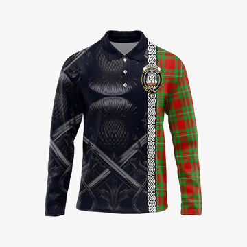 Grierson Tartan Long Sleeve Polo Shirt with Family Crest Cross Sword Thistle Celtic Vibes Unisex - Tartan Vibes Clothing