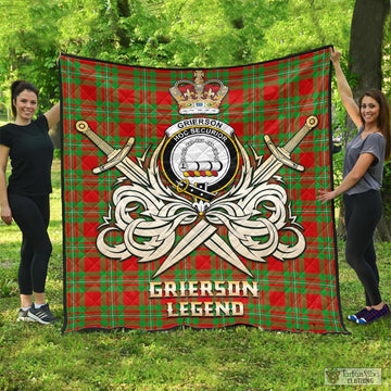 Grierson Tartan Quilt with Clan Crest and the Golden Sword of Courageous Legacy