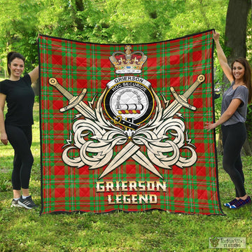 Grierson Tartan Quilt with Clan Crest and the Golden Sword of Courageous Legacy - Tartan Vibes Clothing