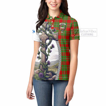 Grierson Tartan Women's Polo Shirt with Family Crest and St. Andrew's Cross Accented by Thistle Vines - Tartan Vibes Clothing