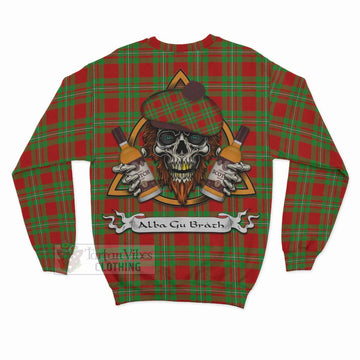 Grierson Tartan Sweatshirt with Family Crest and Bearded Skull Holding Bottles of Whiskey - Tartan Vibes Clothing
