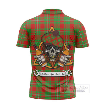 Grierson Tartan Zipper Polo Shirt with Family Crest and Bearded Skull Holding Bottles of Whiskey - Tartan Vibes Clothing