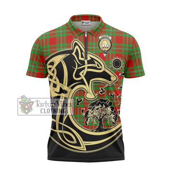 Grierson Tartan Zipper Polo Shirt with Family Crest Celtic Wolf Style - Tartan Vibes Clothing
