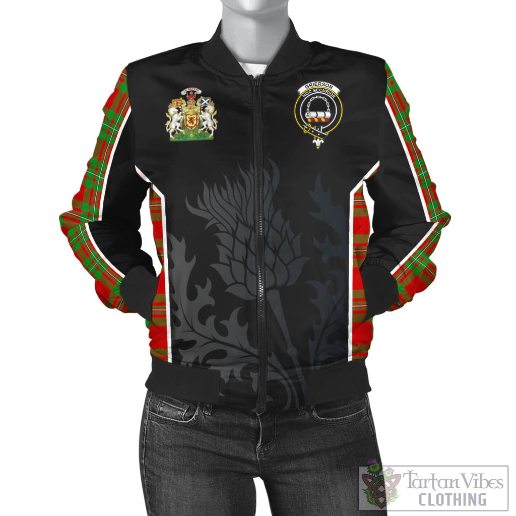 Grierson Tartan Bomber Jacket with Family Crest and Scottish Thistle Vibes Sport Style - Tartan Vibes Clothing