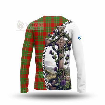 Grierson Tartan Long Sleeve T-Shirt with Family Crest and St. Andrew's Cross Accented by Thistle Vines - Tartan Vibes Clothing