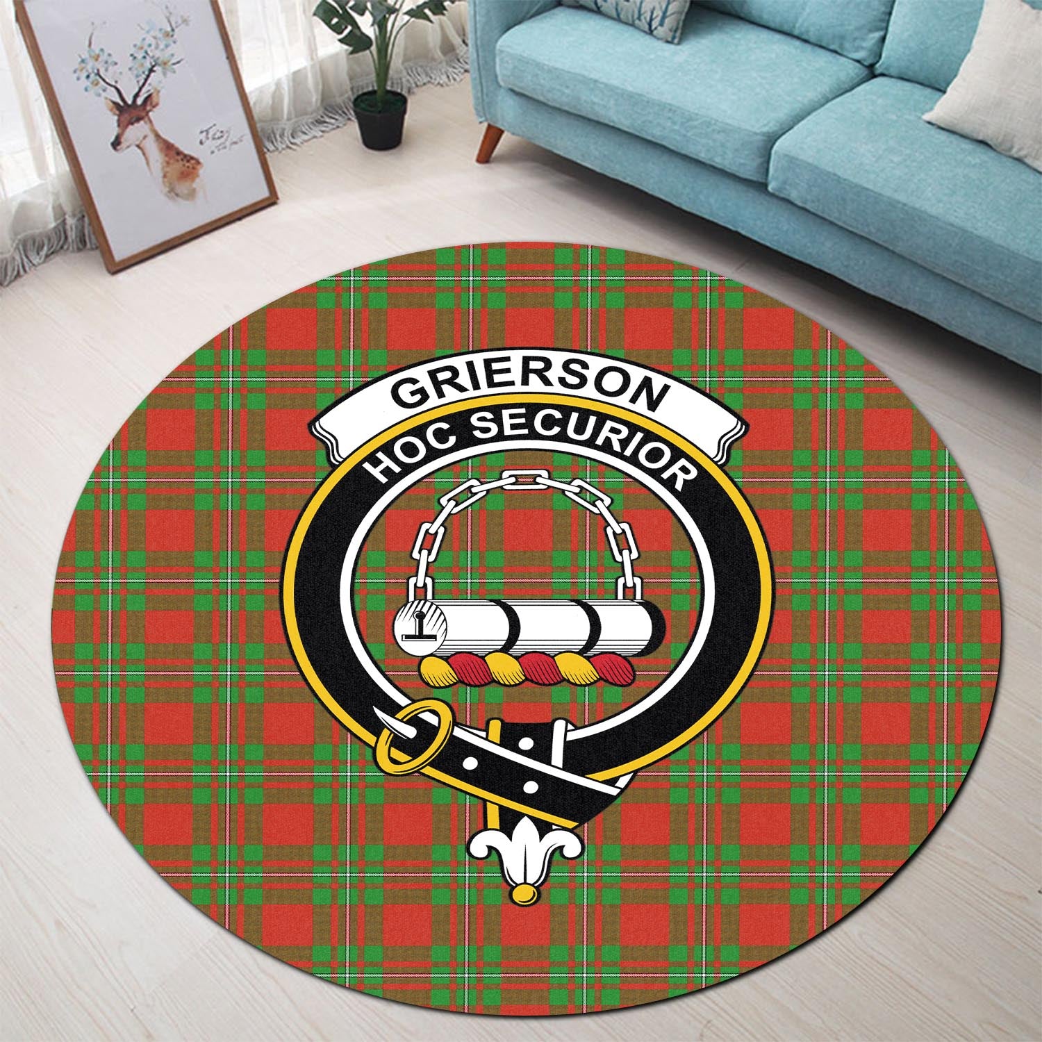 Grierson Tartan Round Rug with Family Crest - Tartan Vibes Clothing