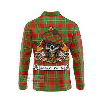 Grierson Tartan Long Sleeve Polo Shirt with Family Crest and Bearded Skull Holding Bottles of Whiskey - Tartan Vibes Clothing