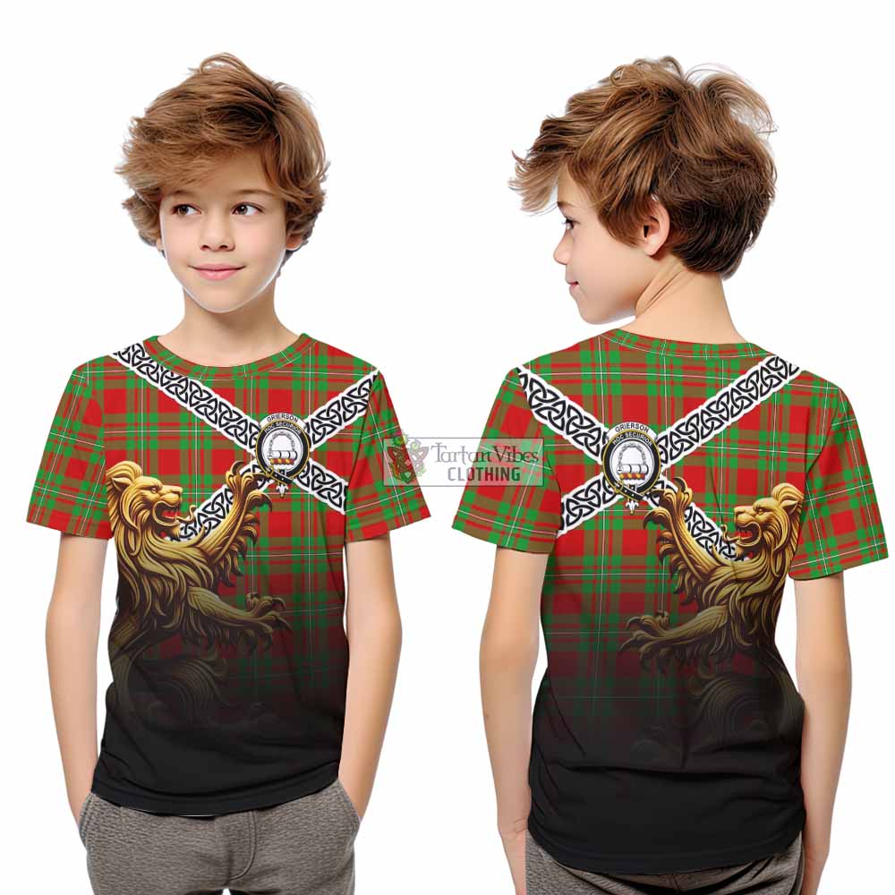 Grierson Crest Tartan Kid T-Shirt with Golden Lion Emblem Celtic Style - Tartan Vibes Clothing