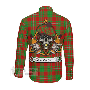 Grierson Tartan Long Sleeve Button Shirt with Family Crest and Bearded Skull Holding Bottles of Whiskey Men's Shirt - Tartan Vibes Clothing