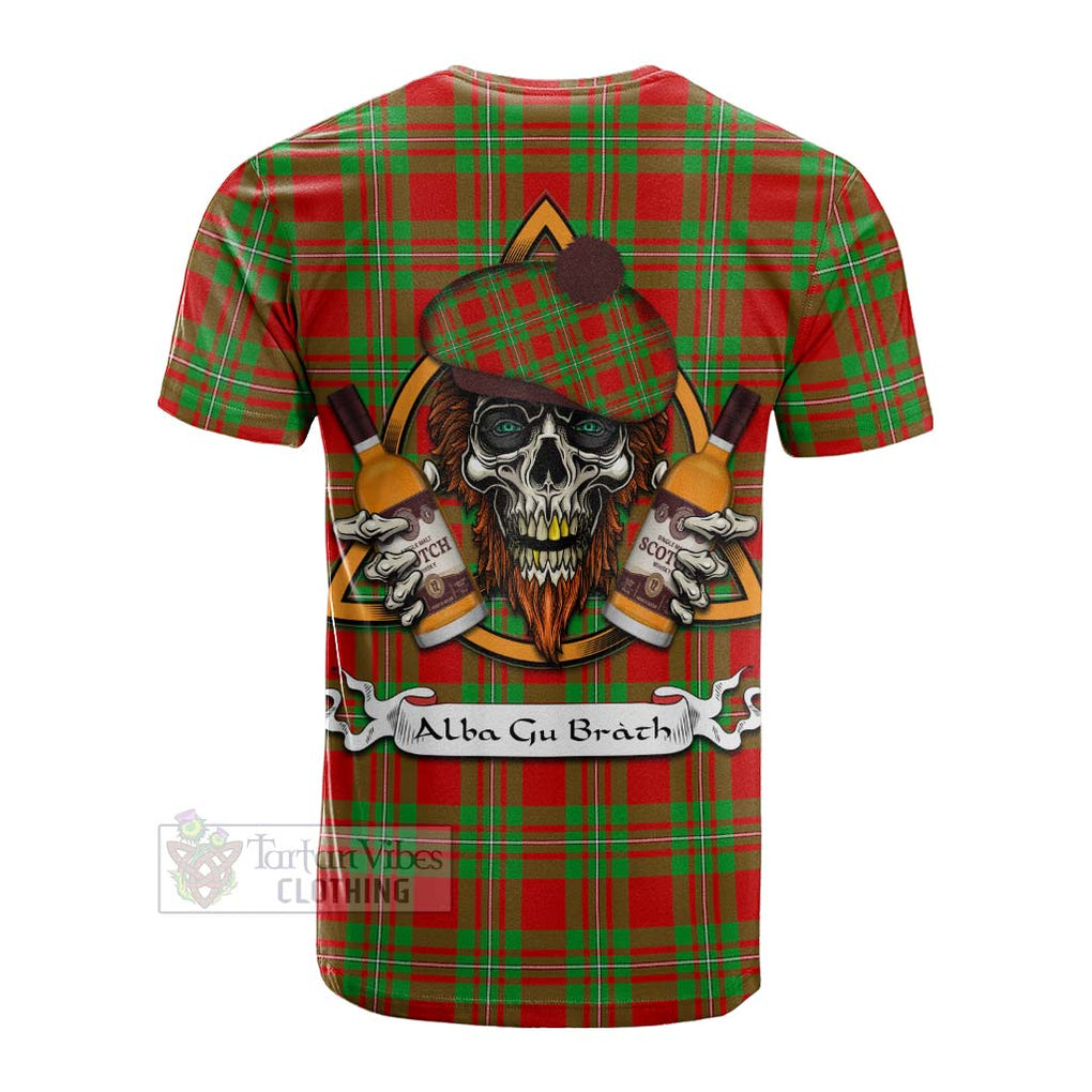 Tartan Vibes Clothing Grierson Tartan Cotton T-shirt with Family Crest and Bearded Skull Holding Bottles of Whiskey