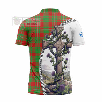 Grierson Tartan Zipper Polo Shirt with Family Crest and St. Andrew's Cross Accented by Thistle Vines - Tartan Vibes Clothing
