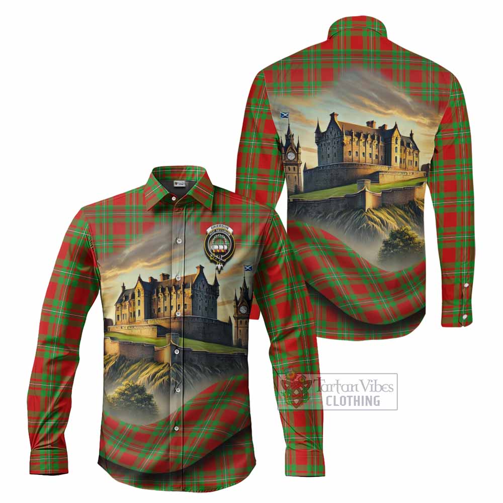 Tartan Vibes Clothing Grierson Tartan Family Crest Long Sleeve Button Shirt with Scottish Ancient Castle Style