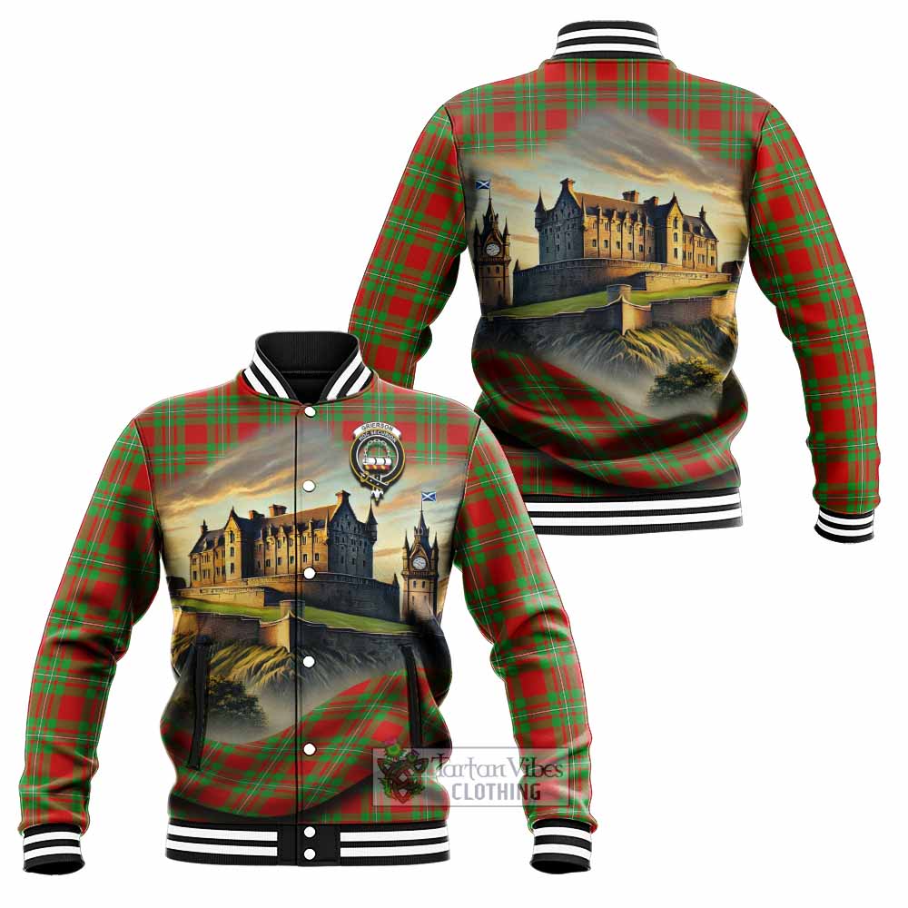 Grierson Tartan Family Crest Baseball Jacket with Scottish Ancient Castle Style - Tartan Vibes Clothing