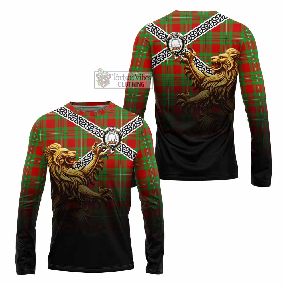 Grierson Crest Tartan Long Sleeve T-Shirt with Golden Lion Emblem Celtic Style - Tartan Vibes Clothing
