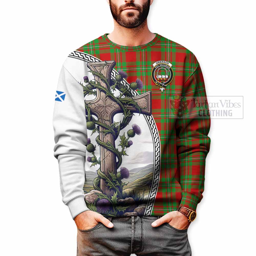 Grierson Tartan Sweatshirt with Family Crest and St. Andrew's Cross Accented by Thistle Vines - Tartan Vibes Clothing