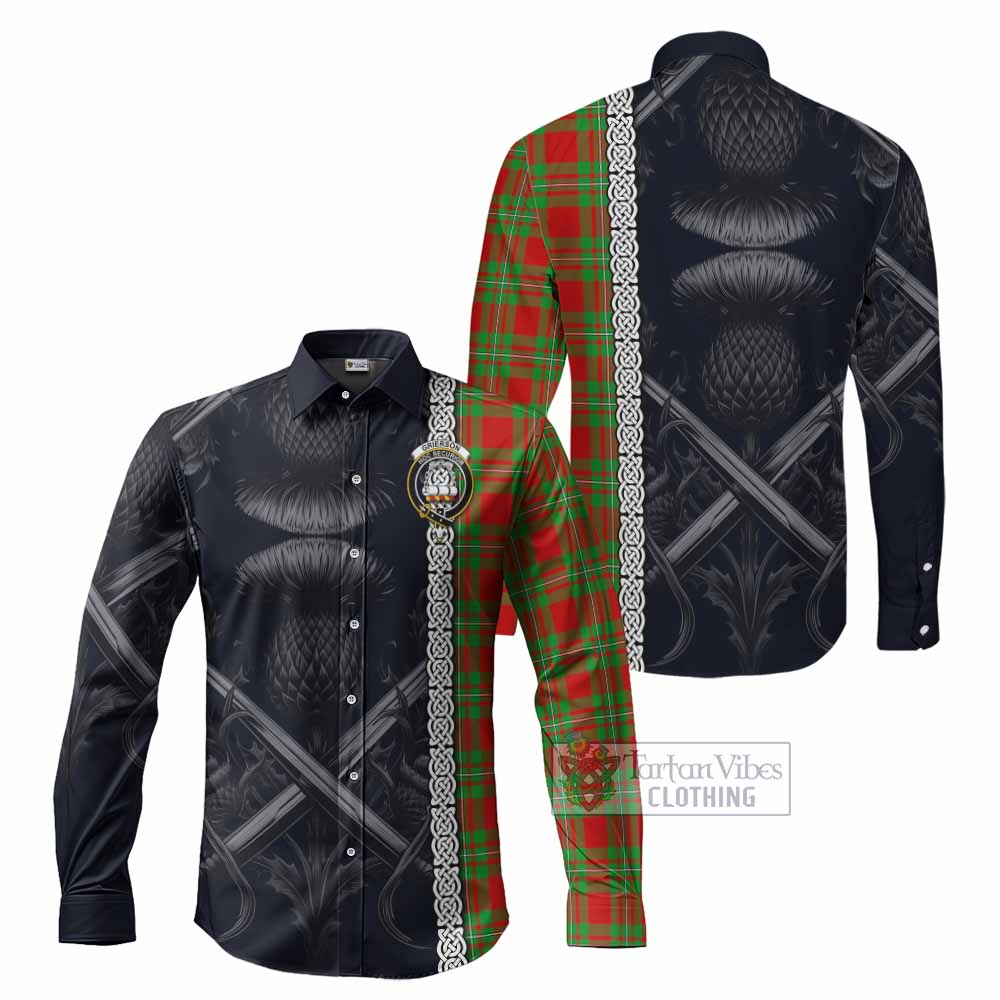 Tartan Vibes Clothing Grierson Tartan Long Sleeve Button Shirt with Family Crest Cross Sword Thistle Celtic Vibes