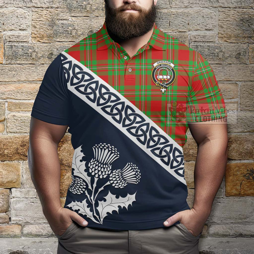 Grierson Tartan Polo Shirt Featuring Thistle and Scotland Map - Tartanvibesclothing Store