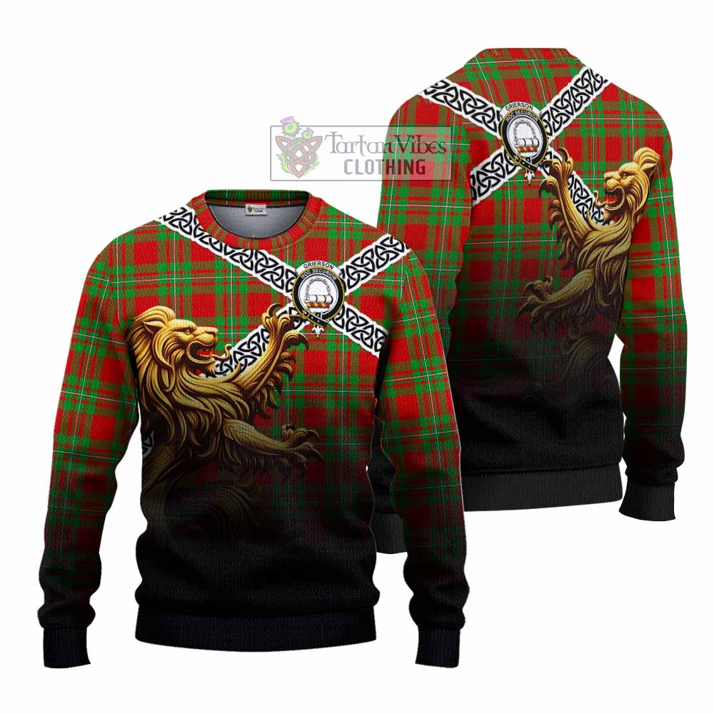 Grierson Crest Tartan Knitted Sweater with Golden Lion Emblem Celtic Style - Tartan Vibes Clothing