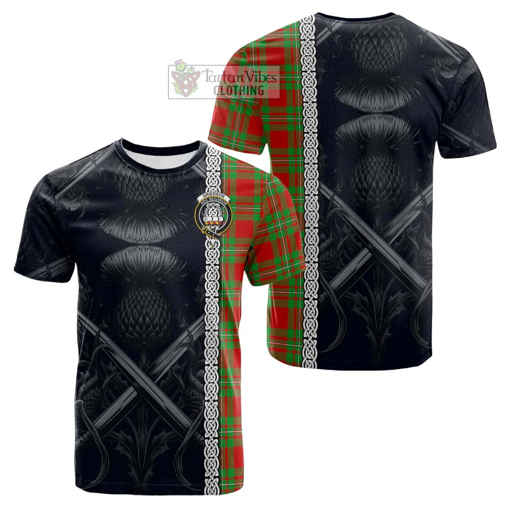 Tartan Vibes Clothing Grierson Tartan Cotton T-shirt with Family Crest Cross Sword Thistle Celtic Vibes