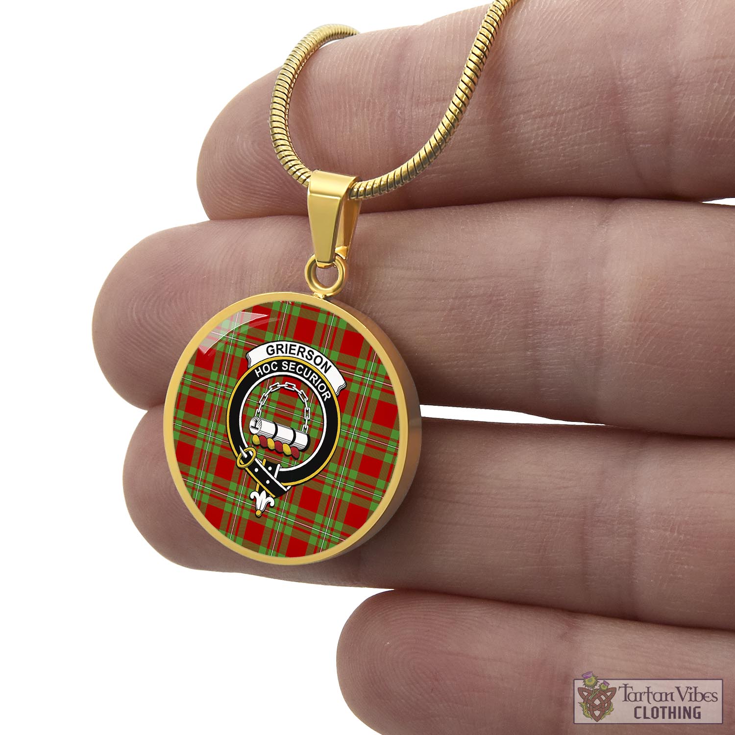 Grierson Tartan Circle Necklace with Family Crest - Tartan Vibes Clothing