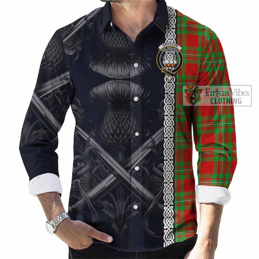 Tartan Vibes Clothing Grierson Tartan Long Sleeve Button Shirt with Family Crest Cross Sword Thistle Celtic Vibes