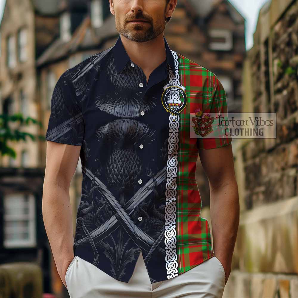 Grierson Tartan Hawaiian Shirt with Family Crest Cross Sword Thistle Celtic Vibes - Tartan Vibes Clothing