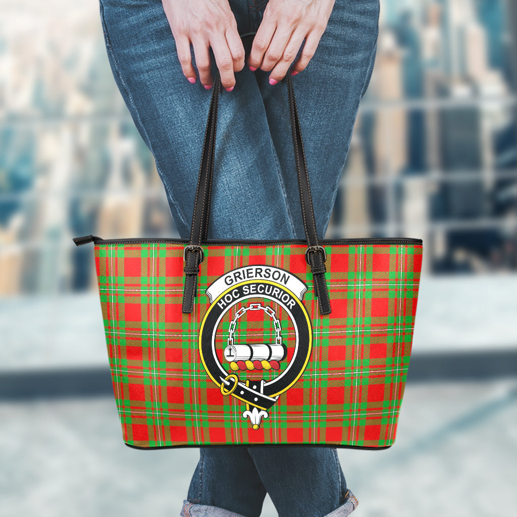 Grierson Tartan Leather Tote Bag with Family Crest - Tartan Vibes Clothing
