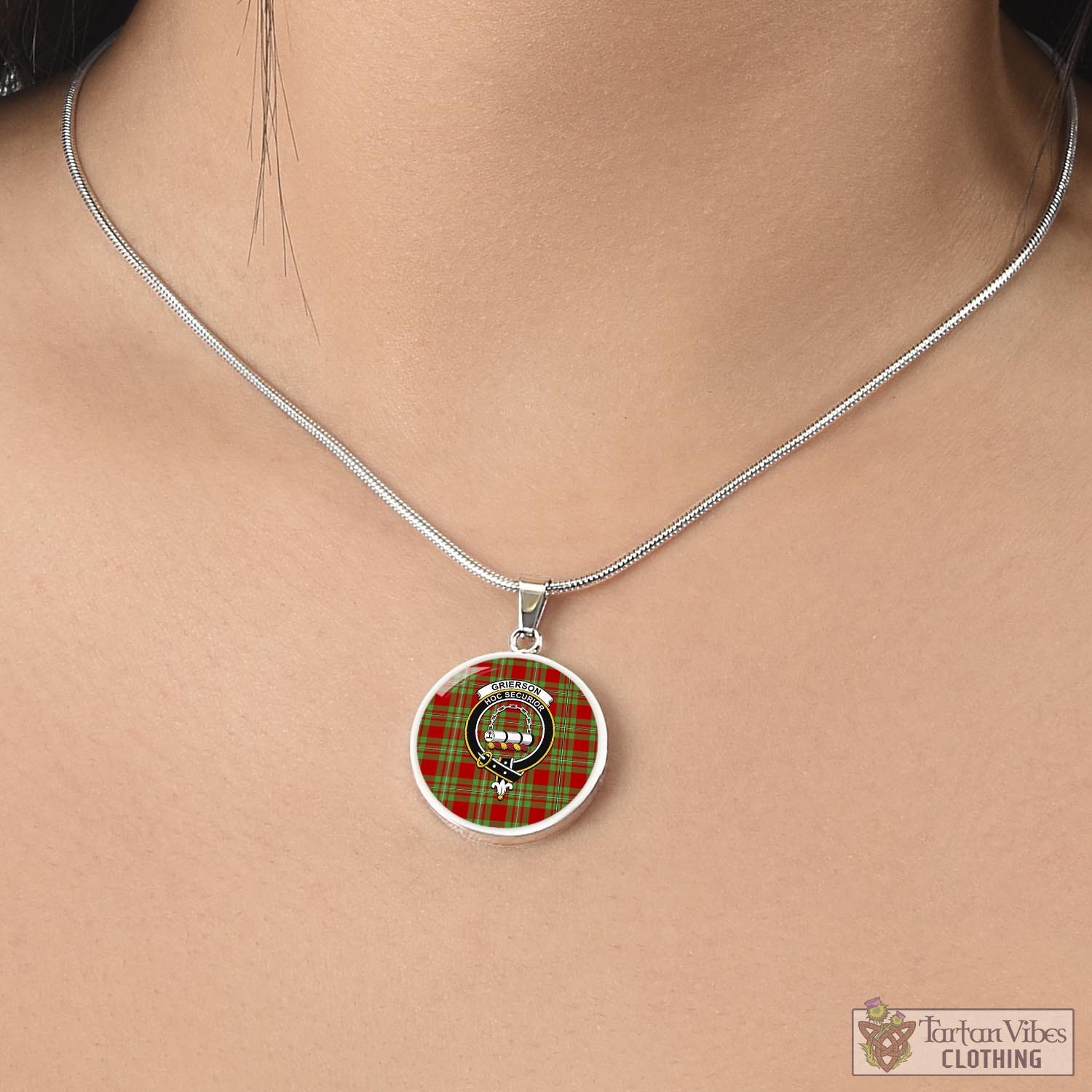Grierson Tartan Circle Necklace with Family Crest - Tartan Vibes Clothing