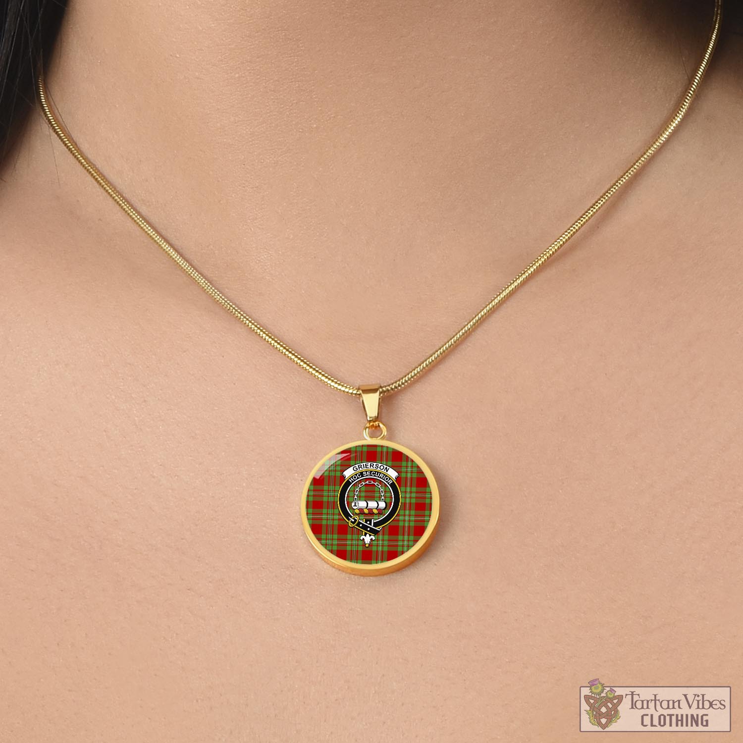 Grierson Tartan Circle Necklace with Family Crest - Tartan Vibes Clothing