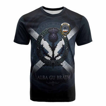 Grierson Clan Crest Cotton T-shirt with Celtic Knot Thistle and Saltire