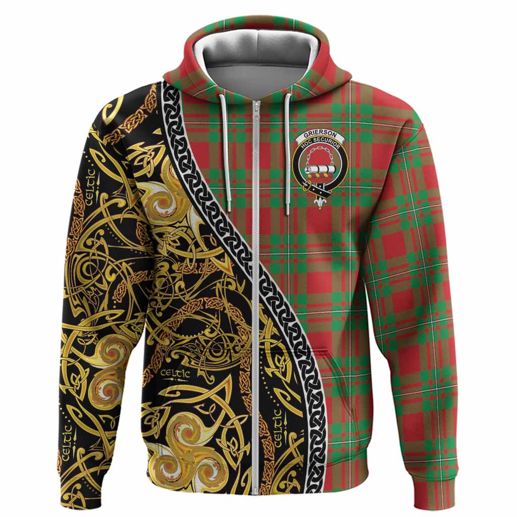 Grierson Tartan Crest Hoodie Celtic Knot and Triple Trickle Spiral Symbols