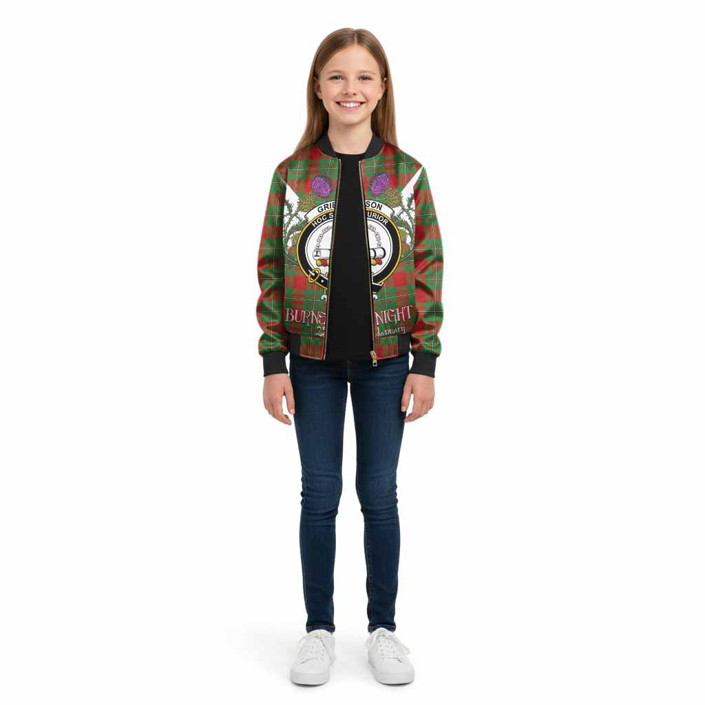 Grierson Tartan Family Crest Kid Bomber Jacket Scottish Burns Night Thistle Floral