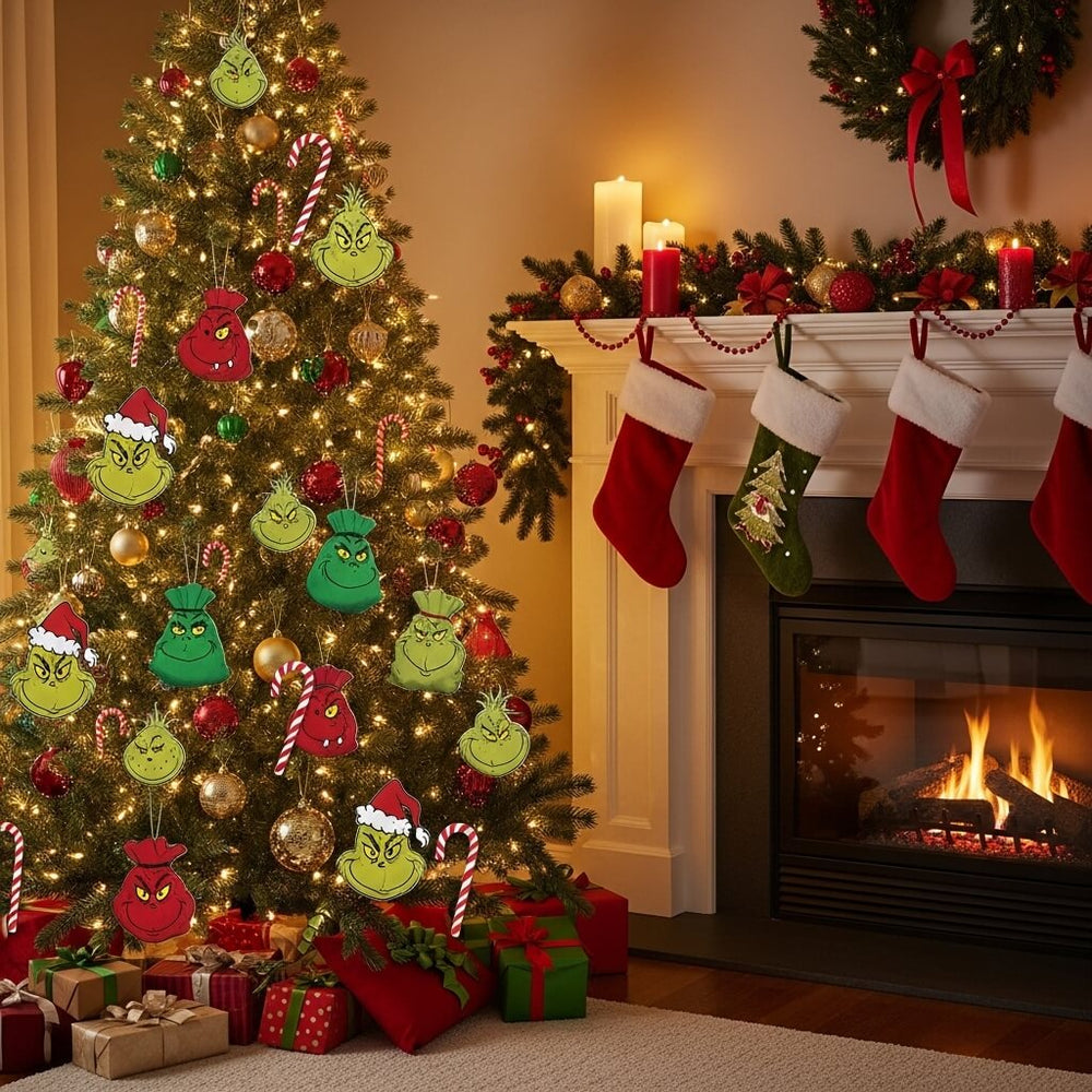 Cozy living room decorated for Christmas with a glowing fireplace, stockings, and a Christmas tree adorned with Grinch-themed ornaments and lights.