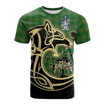 Tartan Vibes Clothing Grove Irish Tartan Cotton T-shirt with Coat of Arms Celtic Wolf Style