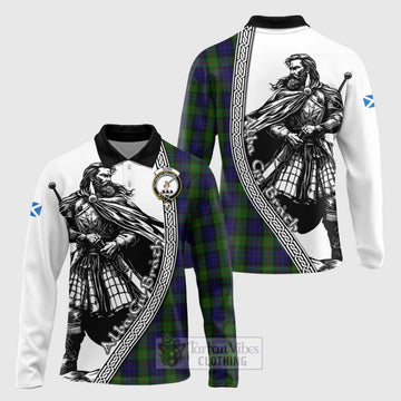 Tartan Vibes Clothing Gunn Tartan Clan Crest Long Sleeve Polo Shirt with Highlander Warrior Celtic Style