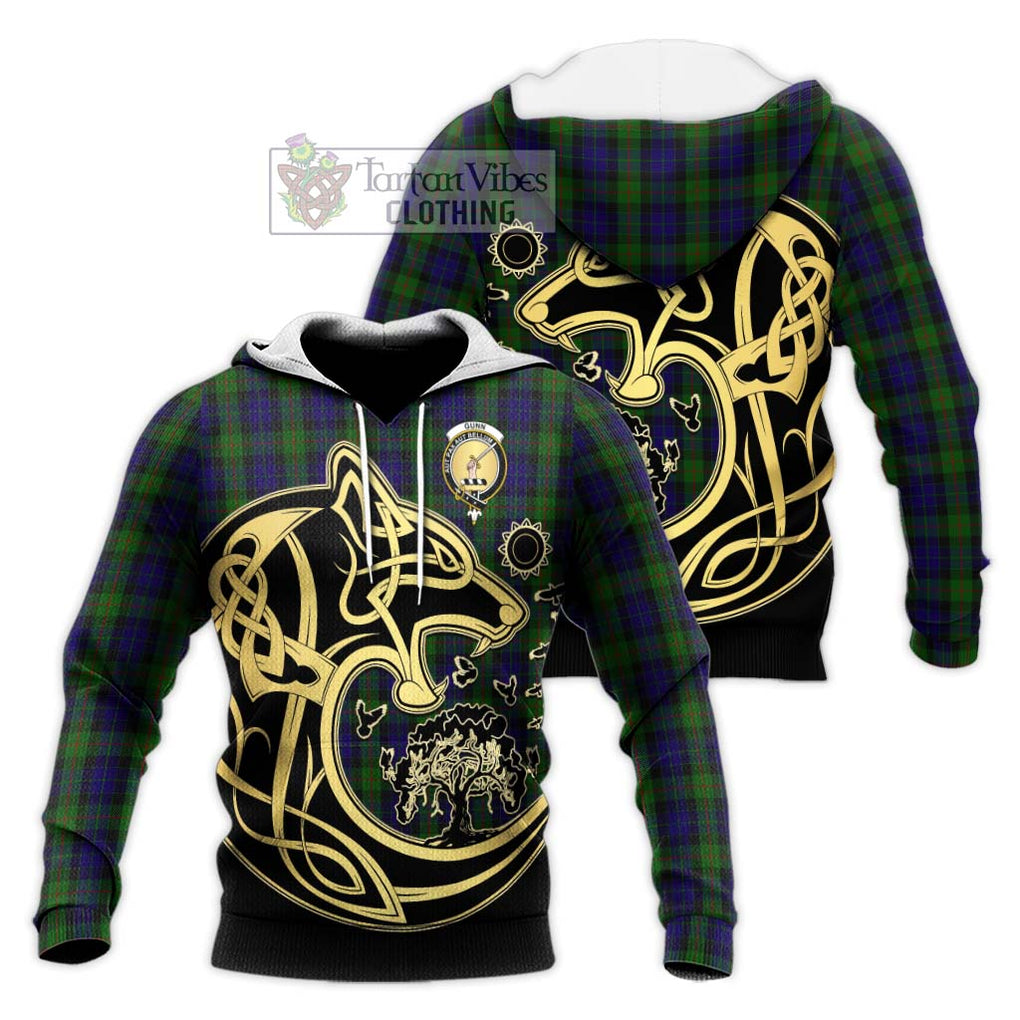 Gunn Tartan Knitted Hoodie with Family Crest Celtic Wolf Style Unisex Knitted Pullover Hoodie - Tartan Vibes Clothing