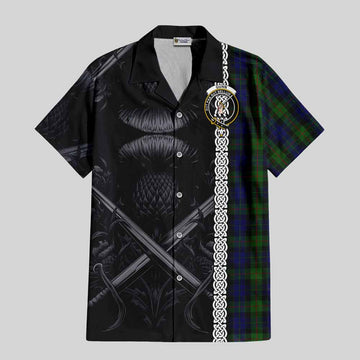 Tartan Vibes Clothing Gunn Tartan Short Sleeve Button Shirt with Family Crest Cross Sword Thistle Celtic Vibes