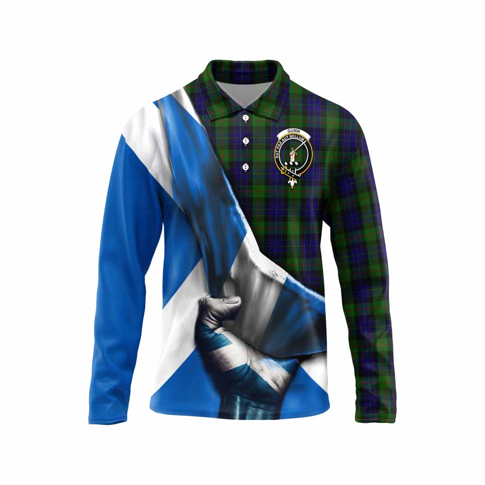 Tartan Vibes Clothing Gunn Tartan Long Sleeve Polo Shirt with Family Crest Scotland Patriotic Style
