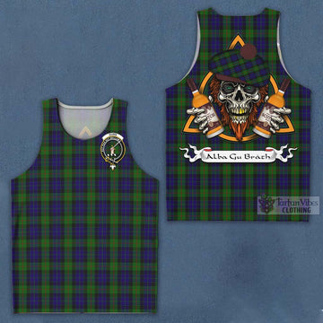 Tartan Vibes Clothing Gunn Tartan Men's Tank Top with Family Crest and Bearded Skull Holding Bottles of Whiskey