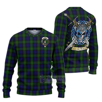 Tartan Vibes Clothing Gunn Tartan Knitted Sweater with Family Crest Celtic Skull Style