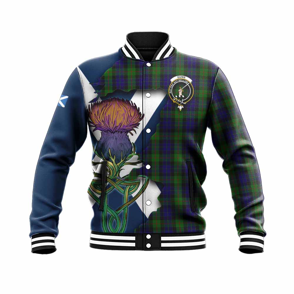 Tartan Vibes Clothing Gunn Tartan Family Crest Baseball Jacket Scottish Thistle Celtic Inspired