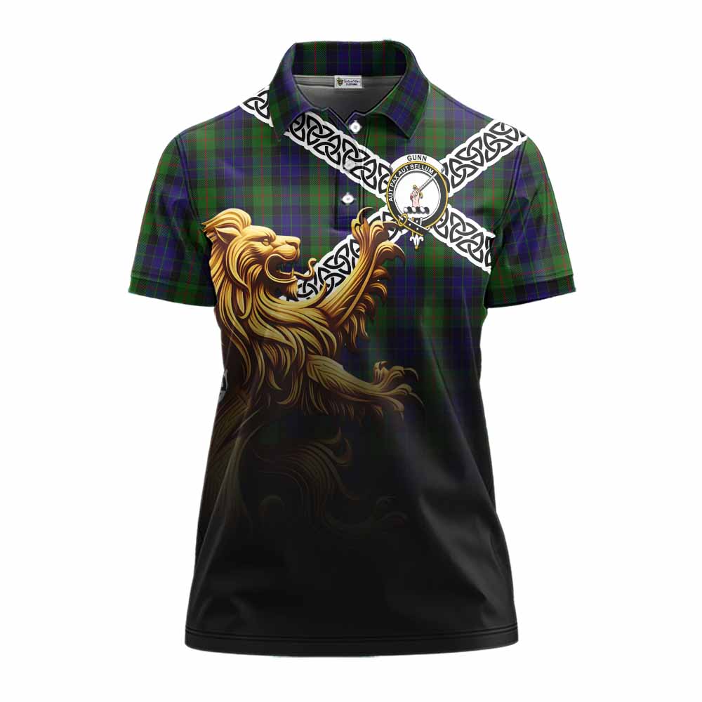 Tartan Vibes Clothing Gunn Crest Tartan Women's Polo Shirt with Golden Lion Emblem Celtic Style