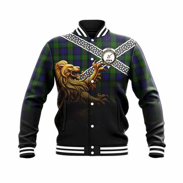 Gunn Crest Tartan Baseball Jacket with Golden Lion Emblem Celtic Style