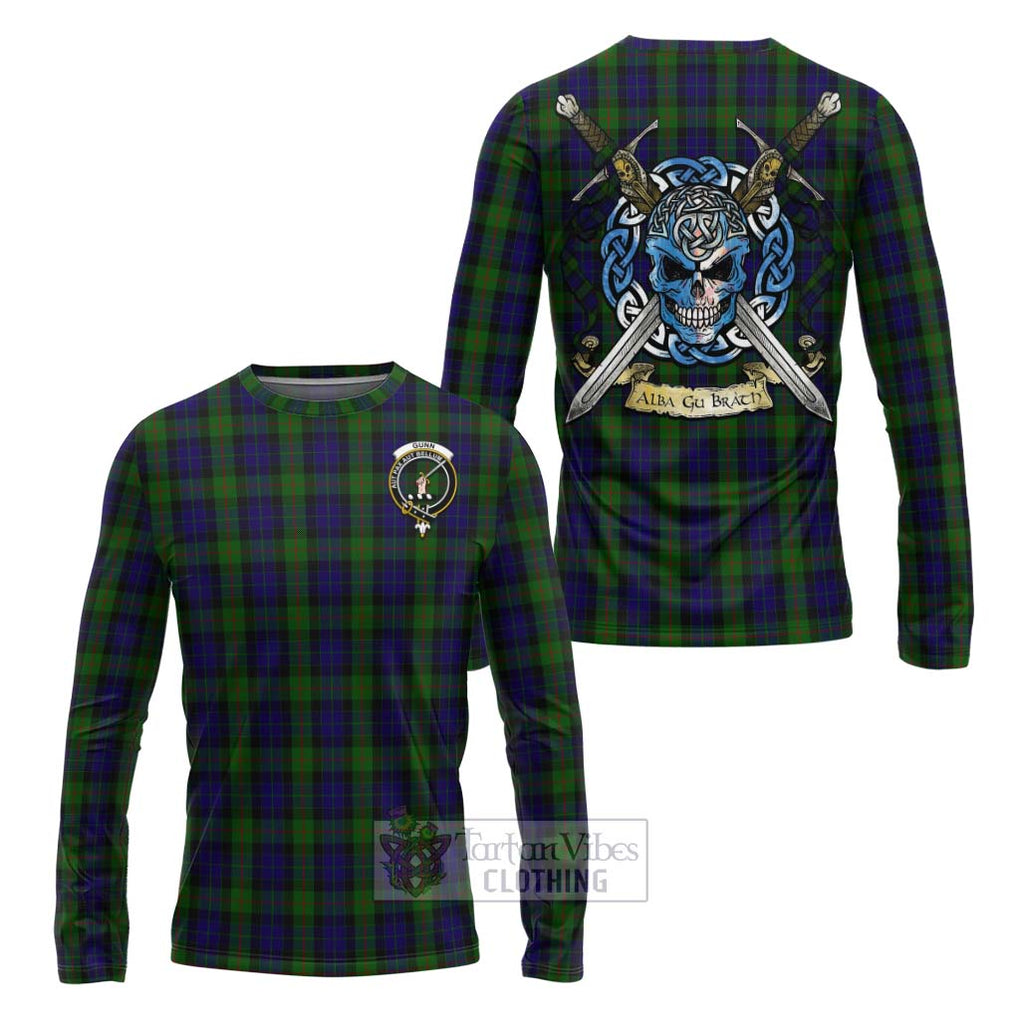 Tartan Vibes Clothing Gunn Tartan Long Sleeve T-Shirt with Family Crest Celtic Skull Style