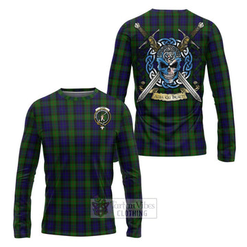 Tartan Vibes Clothing Gunn Tartan Long Sleeve T-Shirt with Family Crest Celtic Skull Style